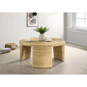 English Elm Mize Natural Woven Rattan Round Coffee Table with Tapered Legs, Coastal Banana Leaf Finish, 36"Wide B062P358426