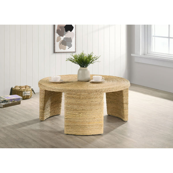 English Elm Mize Natural Woven Rattan Round Coffee Table with Tapered Legs, Coastal Banana Leaf Finish, 36"Wide B062P358426