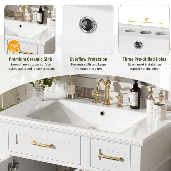 English Elm 30" Bathroom Vanity with Ceramic Sink and Deep Storage, Soft-Close Doors, Gold Handles, Durable Wood Frame White N729P276610K