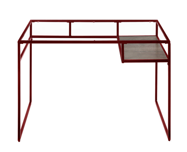 English Elm Yasin Sleek Red Writing Desk with 5mm Glass Top, Metal Sled Base & Open Shelf Storage, 70lb Max B2726P280748
