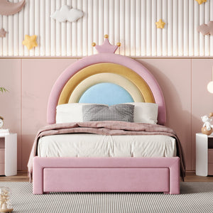 English Elm Twin Velvet Rainbow Bed with Storage Drawer — Pink Upholstered Platform, No Box Spring Needed, Cute N733P234606H