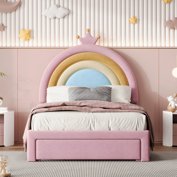 English Elm Twin Velvet Rainbow Bed with Storage Drawer — Pink Upholstered Platform, No Box Spring Needed, Cute N733P234606H