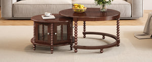 English Elm Vintage Walnut Nesting Coffee Table with Bamboo-Style Glass Doors, Retro Beaded Legs, Space-Saving Design N735P305623D