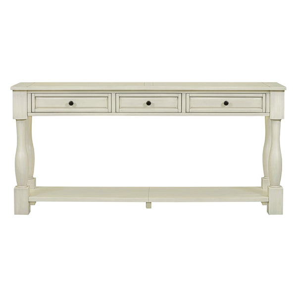 English Elm Trexm Distressed Entryway Console Table Three Drawers Open Shelf Mediterranean Wood Antique White N715P372052K