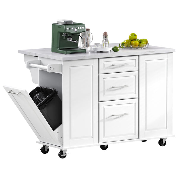 English Elm K&K Vintage Convex Kitchen Island Cart with Faux Marble Top, Tilt Trash, Pull-Out Organizer, Wheels White N707P299008W