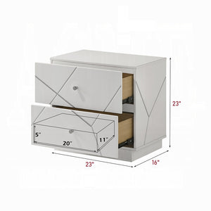 English Elm Ultra White High-Gloss Nightstand with 2 Soft-Glide Drawers, Embossed Lines & Silver Knobs, 23"W x23"H B2741P408964
