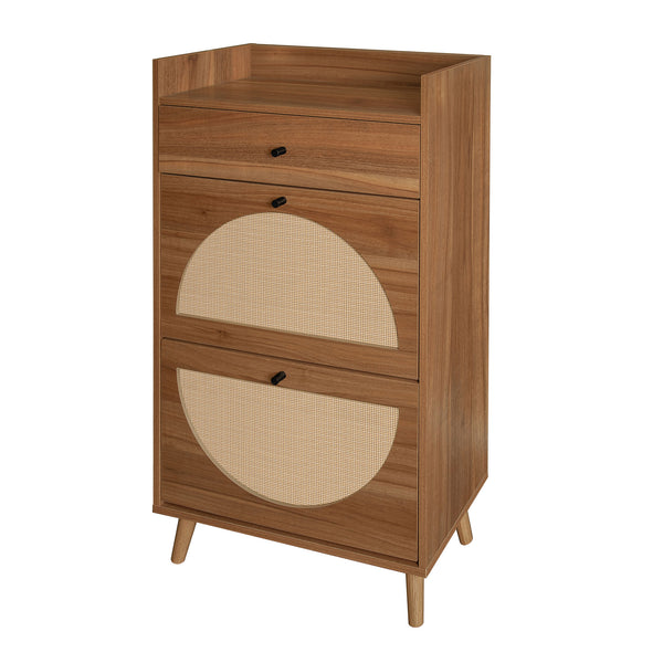 English Elm Rattan, Engineered Rattan 2-Door 1-Drawer Shoe Cabinet with Double Shelves and Pine Wood Feet Durable Finish Walnut W688141533