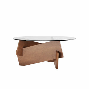 English Elm Modern Round Glass Top Coffee Table with Sculptural Wood Veneer Base for Living Room W2263P434052