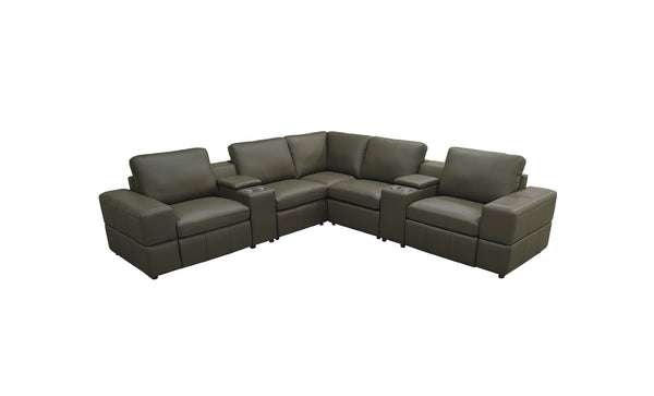 English Elm Premium Leather Match Sectional with Dual Recliners Cup Holders and Storage Console Olive Green B2748S00159