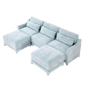 English Elm Three-Seater Sofa With Movable Ottomans & Lumbar Pillow - Elegant Sky Blue Chenille Design For Comfort W714S01208-GIGA