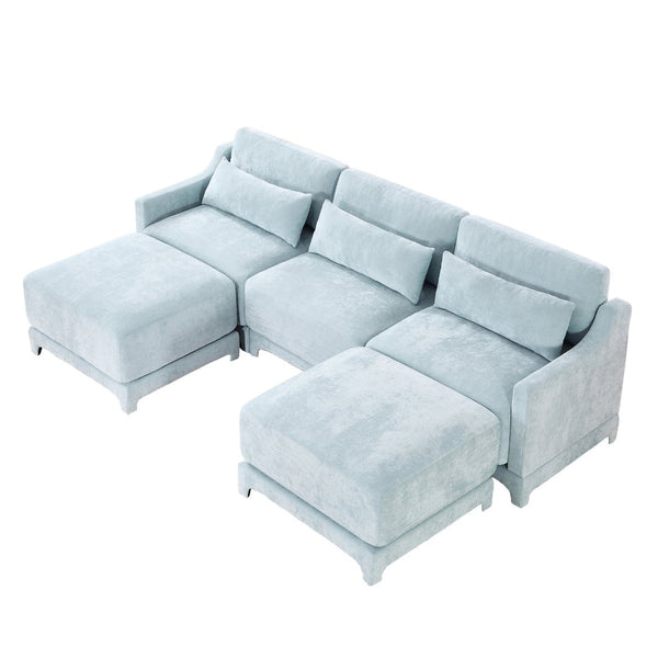 English Elm Three-Seater Sofa With Movable Ottomans & Lumbar Pillow - Elegant Sky Blue Chenille Design For Comfort W714S01208-GIGA