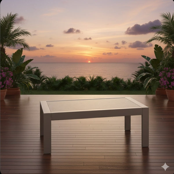 English Elm 43" Outdoor Coffee Table with Wood Grain Top on Powder Coated Iron for Patio Lounging Khaki B082P455113