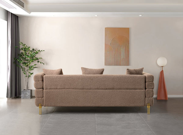English Elm Luxurious three-seat upholstered sofa with golden legs and plush pillows, modern chic design for living rooms Brown B205S00074