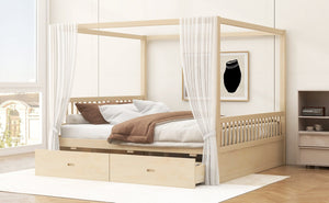 English Elm Wooden Canopy Queen Bed Solid Frame with Built-in Storage Drawers Slatted Base Natural N7090005037N
