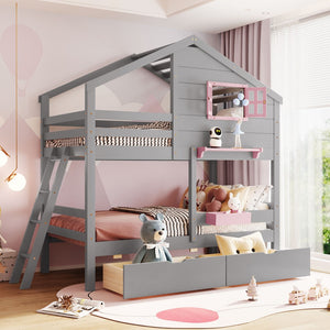 English Elm Twin Playhouse Bunk Bed Pinewood Frame with Pitched Roof Window Shelf and Storage Drawers Gray LT001608AAE-1
