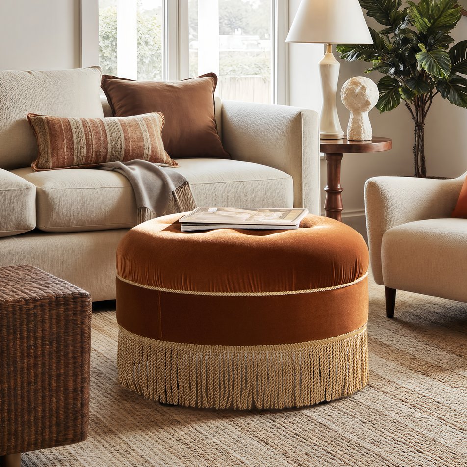 English Elm Jennifer Taylor Home - Yolanda Round 24" Upholstered Accent Ottoman in Performance Velvet with Tassel Fringe, Durable Build Burnt Orange B2719P358853
