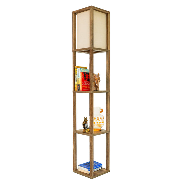 English Elm Ashcroft Furniture - Pinnacle Natural Wood Shelf Floor Lamp with Long White Shade, Built-In Storage Shelves for Living Room Bedroom Ambient Lighting B183P231752