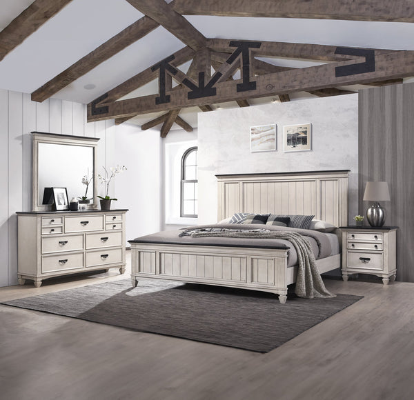 English Elm 1pc Rustic Industrial Queen Panel Bed with Cutout Headboard and Bench-Style Footboard, Solid Wood Finish Beige+Brown 85 L x 40.25 W x 6.15 H B011S01347