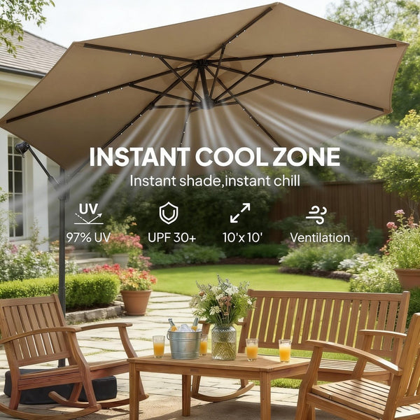 English Elm Garden Cantilever Patio Umbrella with Solar Led Lights and Upf30 Polyester Canopy Tan T3971P481990
