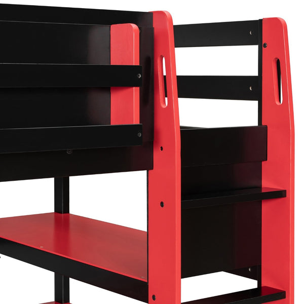 English Elm Twin Loft Bed with Rgb Lighting Usb Ports Wraparound Shelves and Gaming Desk Red LT000298AAJ
