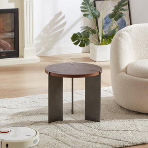 English Elm Round Eco-Friendly Coffee Table with Walnut Laminate Top, Distressed Look & Black Metal Legs, Modern Durable Design for Living Room (24x22x7) W820P270431