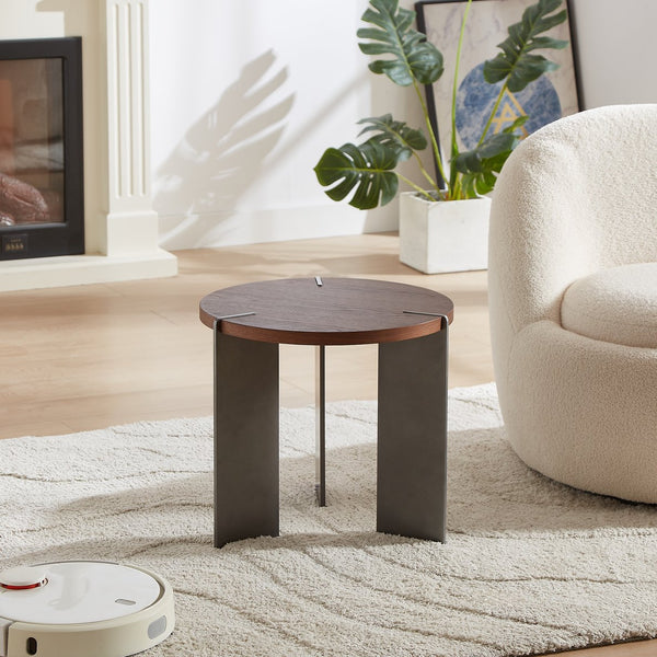 English Elm Round Eco-Friendly Coffee Table with Walnut Laminate Top, Distressed Look & Black Metal Legs, Modern Durable Design for Living Room (24x22x7) W820P270431