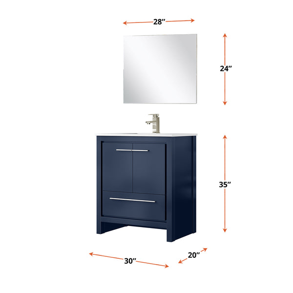 English Elm Navy Blue Bath Vanity Set With White Quartz Top, Brushed Nickel Faucet & 28" Mirror For Stylish Spaces B2731S02044