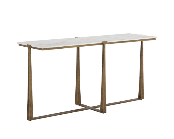 Sunpan Cowell Console Table - Chic Mid-Century Design with Unique White Marble Top & Antique Brass Legs