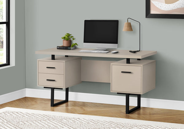 English Elm Computer Desk With Reversible Storage Drawers - Modern Beige Laminate & Black Metal Home Office Workstation B2710P219862