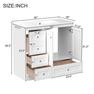 English Elm 36 Inch Shaker Bathroom Vanity with Ceramic Sink Four Soft Close Drawers White Mdf N729P414619K