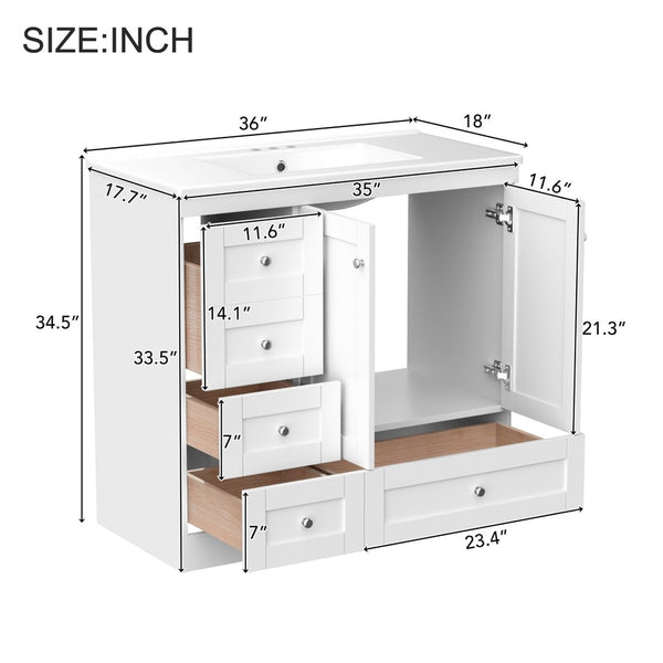 English Elm 36 Inch Shaker Bathroom Vanity with Ceramic Sink Four Soft Close Drawers White Mdf N729P414619K