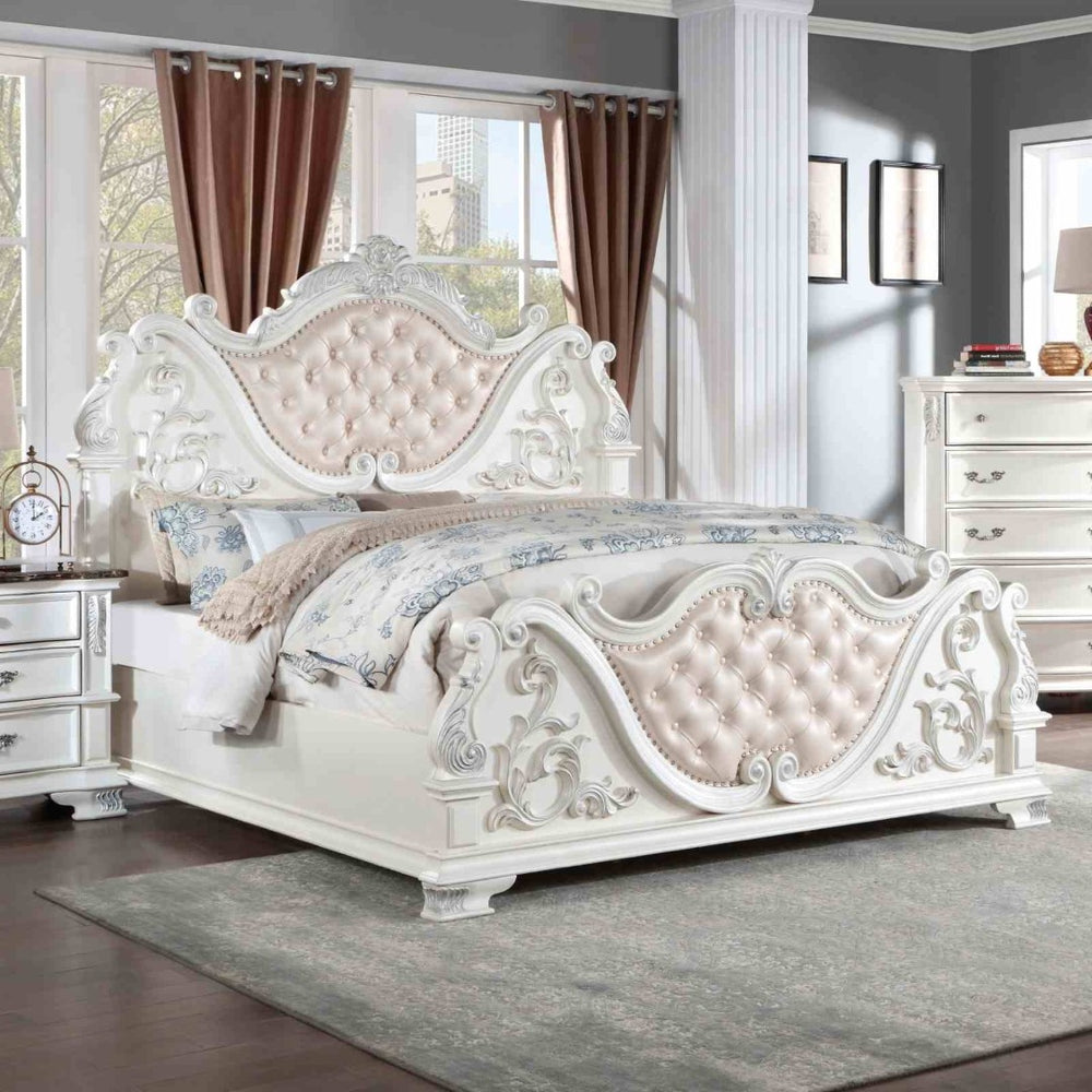 English Elm Luxurious Eastern King Bed Brown Cherry Baroque Tufted Leatherette Carved Wood Frame B2741S00810