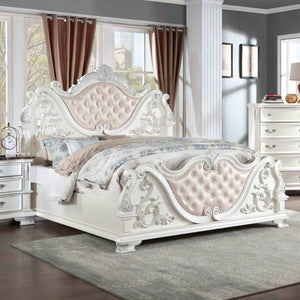 English Elm Luxurious Tufted Leatherette California King Bed Baroque Carved Wood Formal Bedroom B2741S00809