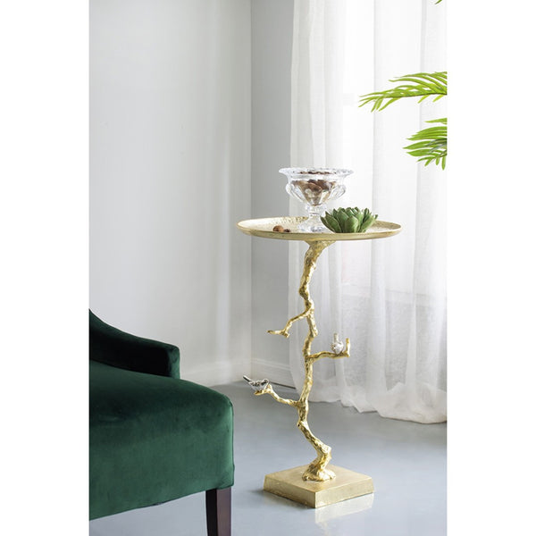 English Elm 16.9x16.9x28" Round Aluminum Side Table Sculptural Bird Branch Art Deco Accent W2078P485327