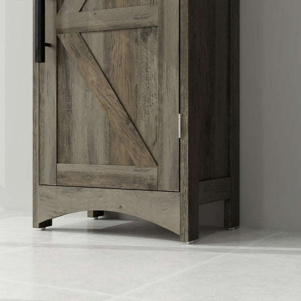 English Elm Narrow Farmhouse Storage Cabinet Sliding Barn Door Weathered Oak Finish Bathroom Tower T3971P430727