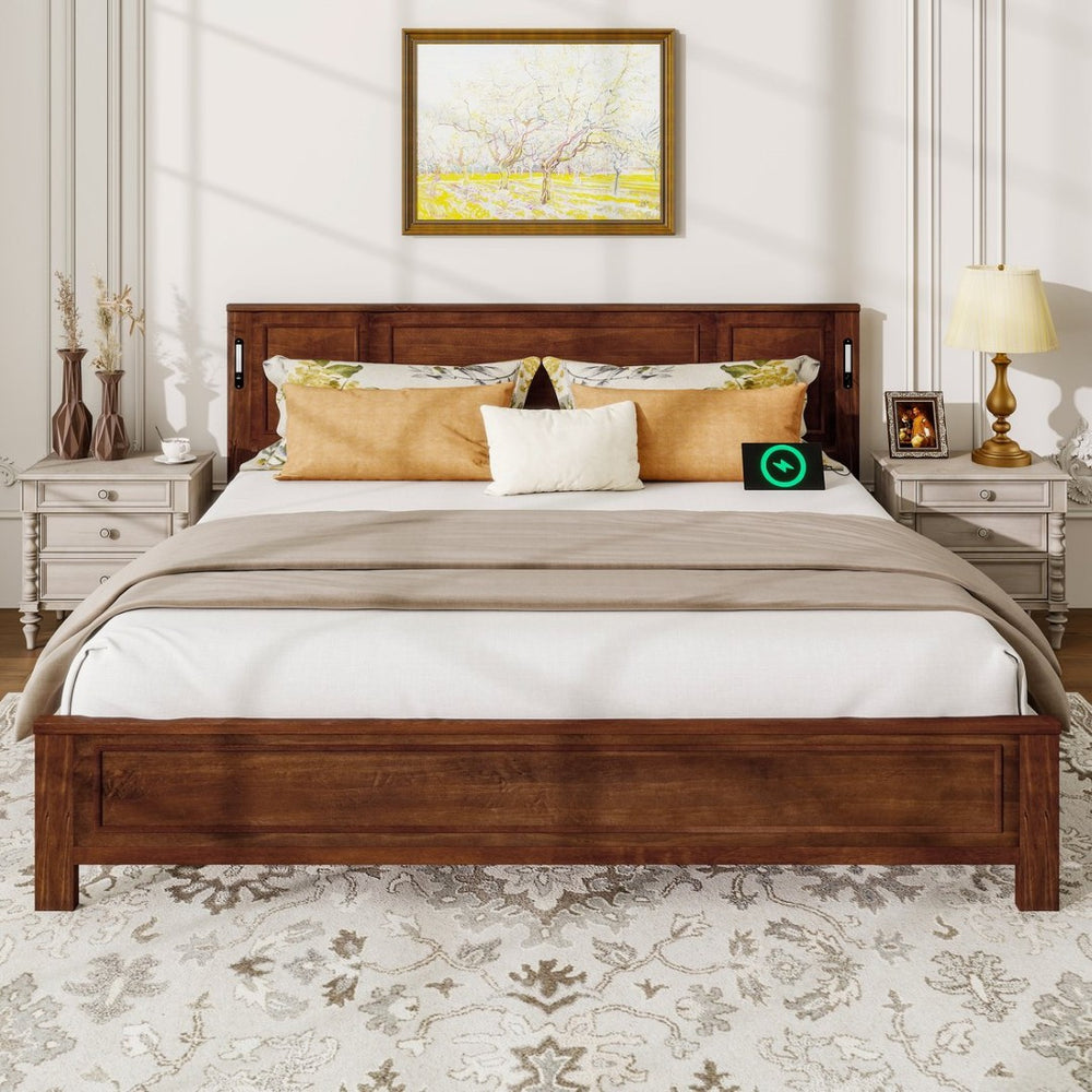 English Elm King Pine Wood Platform Bed with Led Lighting Usb Charging Tall Panel Headboard Walnut W504S00275