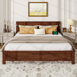 English Elm King Pine Wood Platform Bed with Led Lighting Usb Charging Tall Panel Headboard Walnut W504S00275