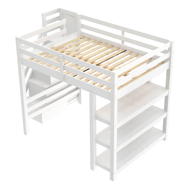 English Elm Full Size Loft Bed With Integrated Shelves, Storage Staircase, Small Wardrobe & Led Lighting N7090000472K