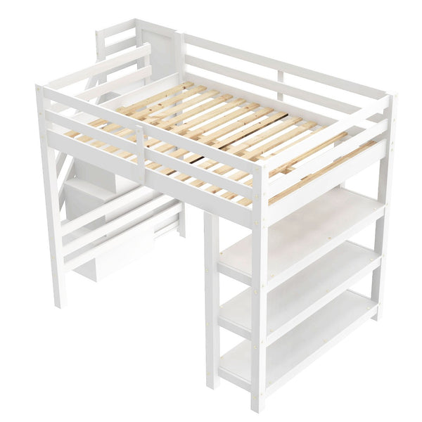 English Elm Full Size Loft Bed with Wardrobe Storage Staircase Shelves and Led Lighting N7090000472K-1