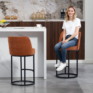English Elm Counter Height Barstools Set of 2 Linen Upholstered Barrel Seat with Iron Legs Orange W395P410432