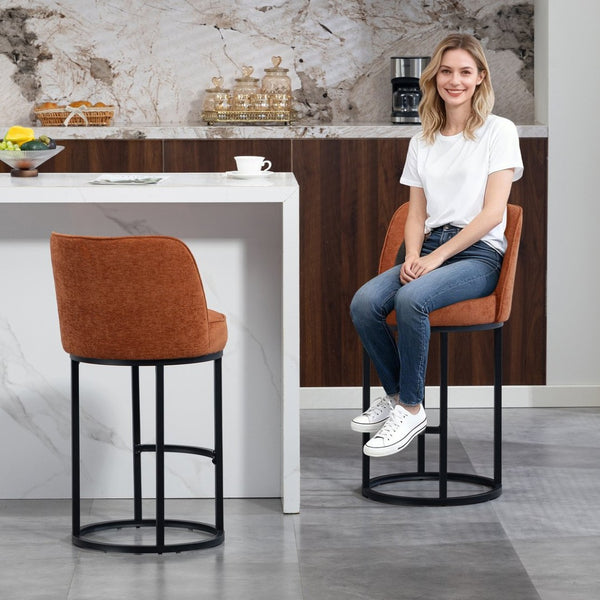 English Elm Counter Height Barstools Set of 2 Linen Upholstered Barrel Seat with Iron Legs Orange W395P410432