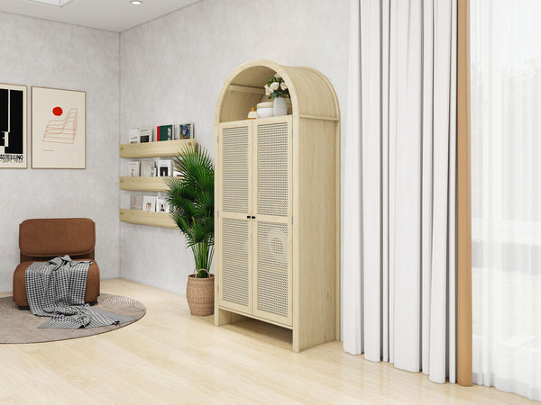 English Elm 70.28" Tall Arched Kitchen Pantry - Elegant Rattan Storage Cabinet With Adjustable Shelves & Safety Features W688P204451