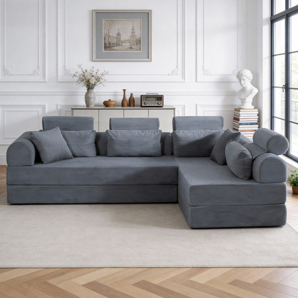English Elm L Shaped Corduroy Sectional Sofa Converts to Sleeper Bed Space Saving Modular Couch Dark Gray W5532S00010