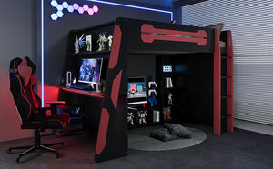 English Elm Full Size Wood Loft Bed with Rgb Lighting Desk Storage and Gaming Console Shelf Red LT000260AAR
