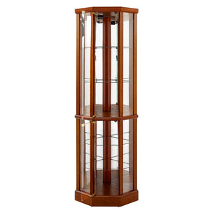 English Elm 6 Shelf Lighted Corner Curio Cabinet with Adjustable Tempered Glass Shelves, Acrylic Mirror Back, Solid Wood Frame Oak W1693P170925