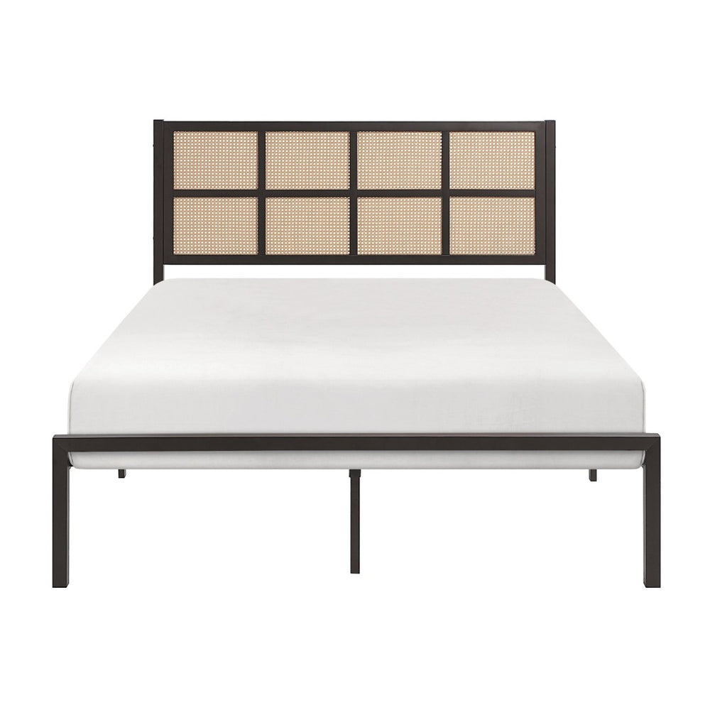 English Elm 1pc Full Platform Bed Metal Frame Bronze Finish Faux Cane Headboard Coastal Bedroom B011P214031