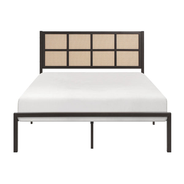 English Elm 1pc Full Platform Bed Metal Frame Bronze Finish Faux Cane Headboard Coastal Bedroom B011P214031
