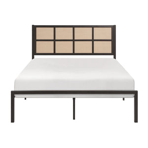 English Elm 1pc Queen Platform Bed Sanibel Metal Frame with Faux Cane Headboard Dark Finish Coastal Chic Design Bronze 66 L x 25 W x 3.75 H B011P214030