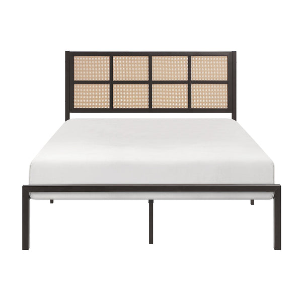 English Elm 1pc Queen Platform Bed Sanibel Metal Frame with Faux Cane Headboard Dark Finish Coastal Chic Design Bronze 66 L x 25 W x 3.75 H B011P214030