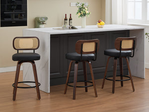 English Elm Set of 3 Swivel Counter Stools with Cane Back and Upholstered PU Seat, Walnut Wood, Ergonomic Comfort Black W1143P300159